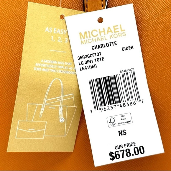 Michael Kors Charlotte LG Tote Bag 3 IN 1 Leather Shoulder Bag Cider - Picture 15 of 15